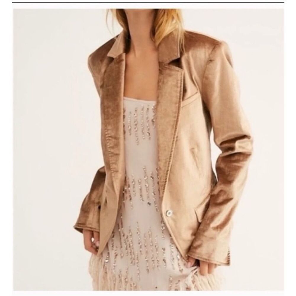 Free People Gold brown tan velvet boho blazer one button front SP
